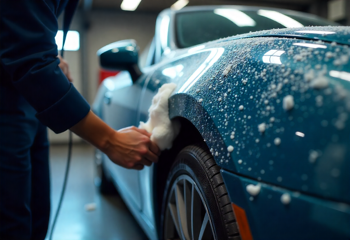 Water conservation demonstration showing efficient car cleaning technique